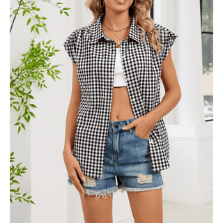 Summer Casual Plaid Sleeveless Loose Shirt WZD105 - Boutique Bella Bellashirt