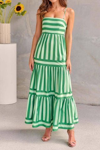 Summer Green Stripes Tiered Spaghetti Dress - Boutique Bella BellaDress