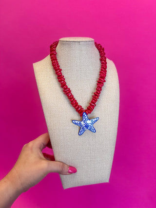 Summer Pendant Necklace - Star Fish - Blue and Red - Boutique Bella BellaNecklaces