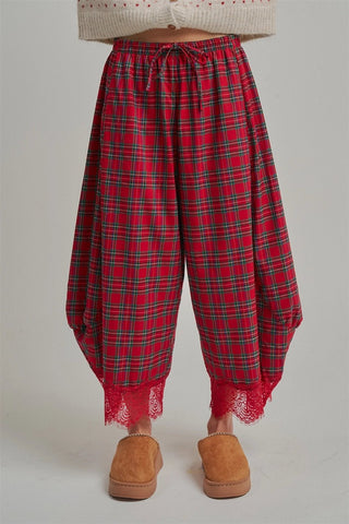 Tartan Tidings Lace Barrel Pants - Red - Boutique Bella BellaPants