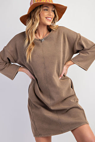 Taupe 3/4 Sleeve French Terry Knit Boxy Dress - Boutique Bella BellaDress