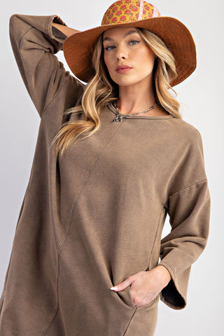 Taupe 3/4 Sleeve French Terry Knit Boxy Dress - Boutique Bella BellaDress