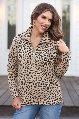 Taupe Landon Leopard Quarter Zip Pullover - Boutique Bella Bellapullover