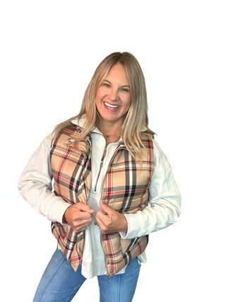 Taupe Plaid Puffer Vest - Boutique Bella BellaPuffer Vest