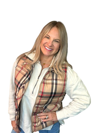 Taupe Plaid Puffer Vest - Boutique Bella BellaPuffer Vest