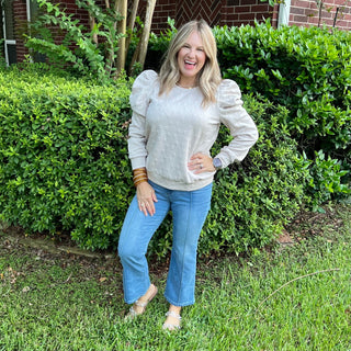 Taupe Puff Sleeve Bow Print Top - Boutique Bella BellaTOP