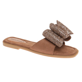 Taupe Rhinestone Bow Slide Sandals - Boutique Bella BellaSlides
