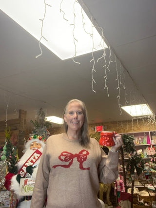 Taupe sweater w/ Red Bow - Boutique Bella BellaSweater Top