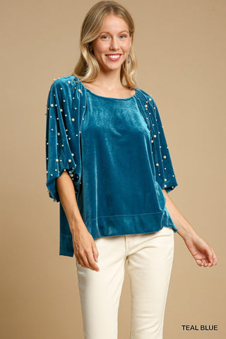 Teal Balloon Sleeve with Pearls Top - Boutique Bella BellaCasual Top