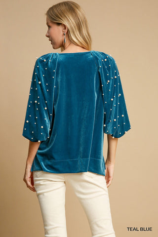 Teal Balloon Sleeve with Pearls Top - Boutique Bella BellaCasual Top