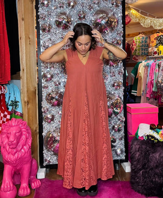 Terracotta V-Neck Maxi Lace Dress - Boutique Bella BellaDress
