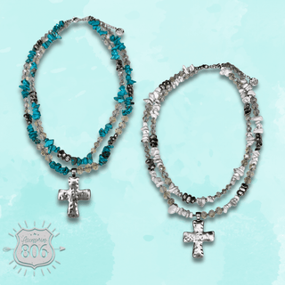 Textured cross pendant on chip stone double strand necklace - Boutique Bella BellaNecklaces