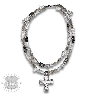 Textured cross pendant on chip stone double strand necklace - Boutique Bella BellaNecklaces