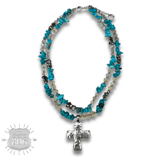 Textured cross pendant on chip stone double strand necklace - Boutique Bella BellaNecklaces