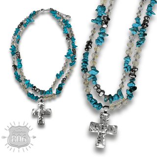 Textured cross pendant on chip stone double strand necklace - Boutique Bella BellaNecklaces