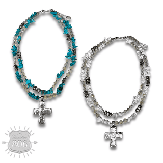 Textured cross pendant on chip stone double strand necklace - Boutique Bella BellaNecklaces