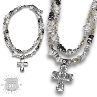 Textured cross pendant on chip stone double strand necklace - Boutique Bella BellaNecklaces