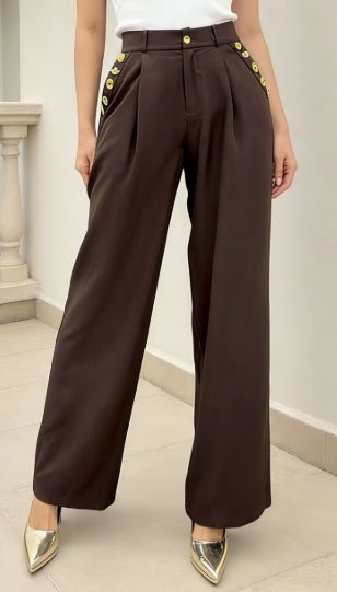The Espresso Gold Button Trousers - Boutique Bella BellaPants