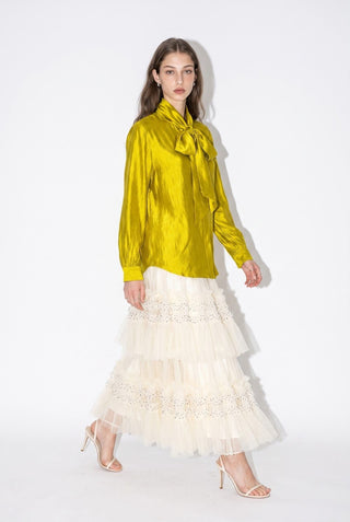 The Satin Grace Tie-Neck Blouse - Chartreuse - Boutique Bella BellaTops