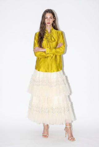 The Satin Grace Tie-Neck Blouse - Chartreuse - Boutique Bella BellaTops