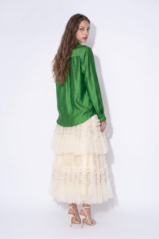 The Satin Grace Tie-Neck Blouse - Green - Boutique Bella BellaTops