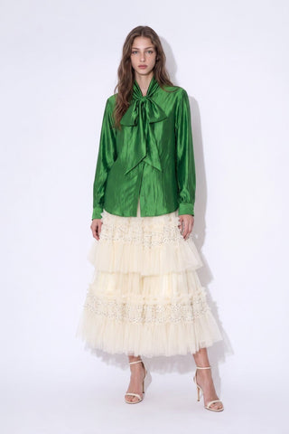 The Satin Grace Tie-Neck Blouse - Green - Boutique Bella BellaTops