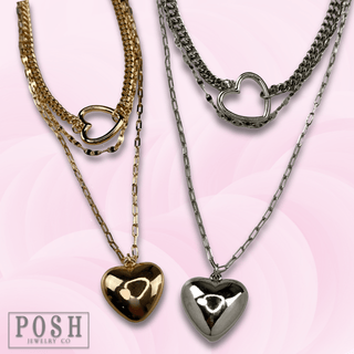 Three strand puffed heart charm necklace - Boutique Bella BellaNecklaces