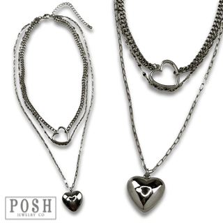 Three strand puffed heart charm necklace - Boutique Bella BellaNecklaces