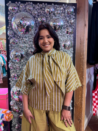 Tie Me in Olive Stripes Blouse - Boutique Bella BellaBlouse