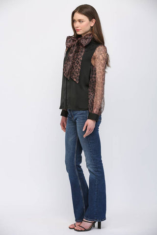 Timeless Tie Neck Leopard Detail Top - Boutique Bella BellaBlouse