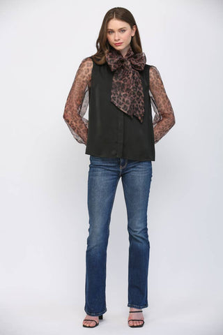 Timeless Tie Neck Leopard Detail Top - Boutique Bella BellaBlouse