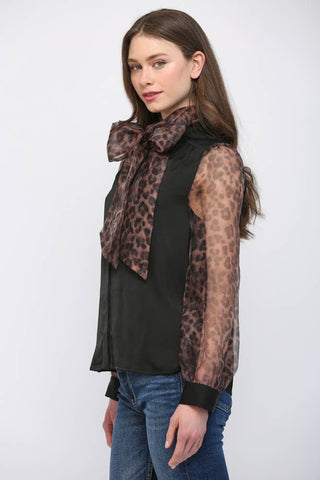 Timeless Tie Neck Leopard Detail Top - Boutique Bella BellaBlouse