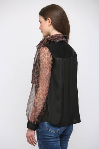Timeless Tie Neck Leopard Detail Top - Boutique Bella BellaBlouse