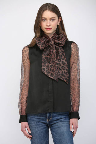 Timeless Tie Neck Leopard Detail Top - Boutique Bella BellaBlouse