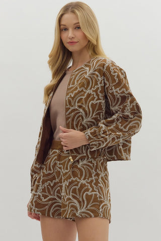 Toffee Bloom Embroidered Jacket - Boutique Bella Bellazip jacket