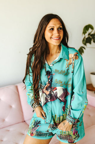 Turquoise Cactus Pearl Snap Shirt and Shorts Set - Boutique Bella Bellashort set