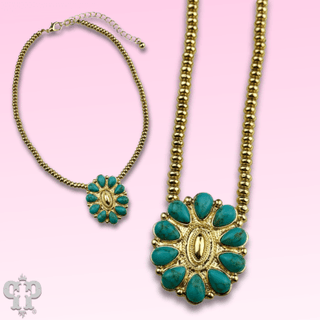 Turquoise concho pendant and 18k gold dipped bead choker necklace - Boutique Bella BellaNecklaces