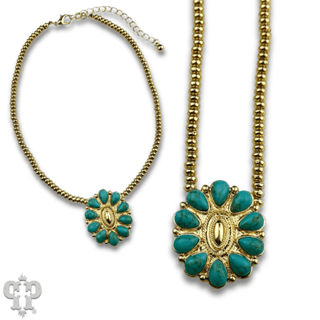 Turquoise concho pendant and 18k gold dipped bead choker necklace - Boutique Bella BellaNecklaces