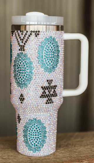 Turquoise Concho Stone Aztec Rhinestone 40oz Tumbler - Boutique Bella BellaTumbler