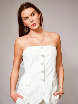 Twill Rhinestone Button Tube Top - Boutique Bella BellaTops