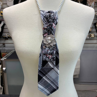 Two Color Cotton Necktie Necklace - Black/Grey Plaid Grey Fl - Boutique Bella BellaNecklace