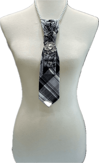 Two Color Cotton Necktie Necklace - Black/Grey Plaid Grey Fl - Boutique Bella BellaNecklace
