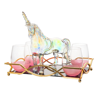 Iridescent Unicorn Wine Whiskey Decanter Set 750ML With 4 Pink Sparkle Glasses For Wine Whiskey Scot