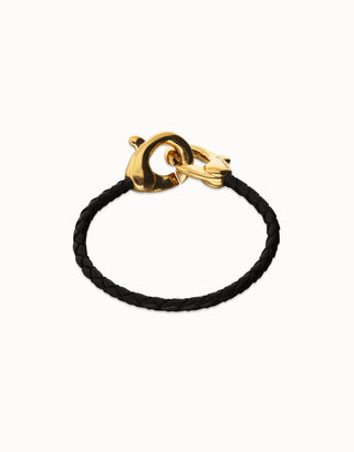 Uno De 50 Black leather bracelet with interlocking carabiner Gold - Boutique Bella BellaBracelet