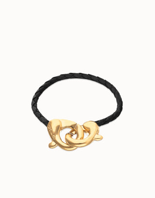 Uno De 50 Black leather bracelet with interlocking carabiner Gold - Boutique Bella BellaBracelet