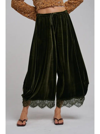 Velvet Lace Hem Balloon Pants - Olive - Boutique Bella BellaBottoms