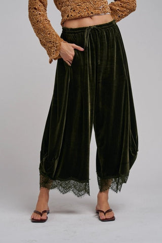 Velvet Lace Hem Balloon Pants - Olive - Boutique Bella BellaBottoms