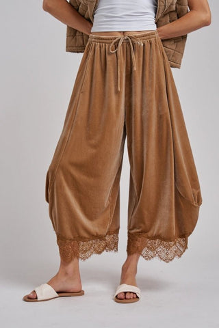 Velvet Lace Hem Balloon Pants - Taupe - Boutique Bella BellaBottoms
