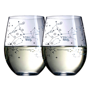Set Of 2 Zodiac Sign Wine Glasses With 2 Wooden Coasters By Astrology Drinking Glass