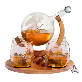 World Decanter With 4 Glasses Globe Premium Barware Gift Elegant Drinkware Collection